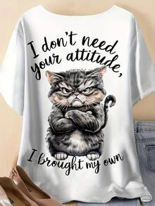 Plus Size - Plus Size - Women's Cute Cat Print T-Shirt, Casual, Round Neck And Short Sleeves, Suitable For Outdoor Activities In Summer. - White - View 4