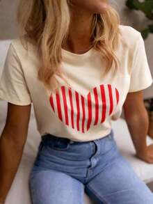 Camiseta casual de mujer con estampado de corazones y rayas, para verano-Vintage Street Style Unisexoose Cotton Short Sleeve Crew Neck T-Shirt - Albaricoque - Ver 6