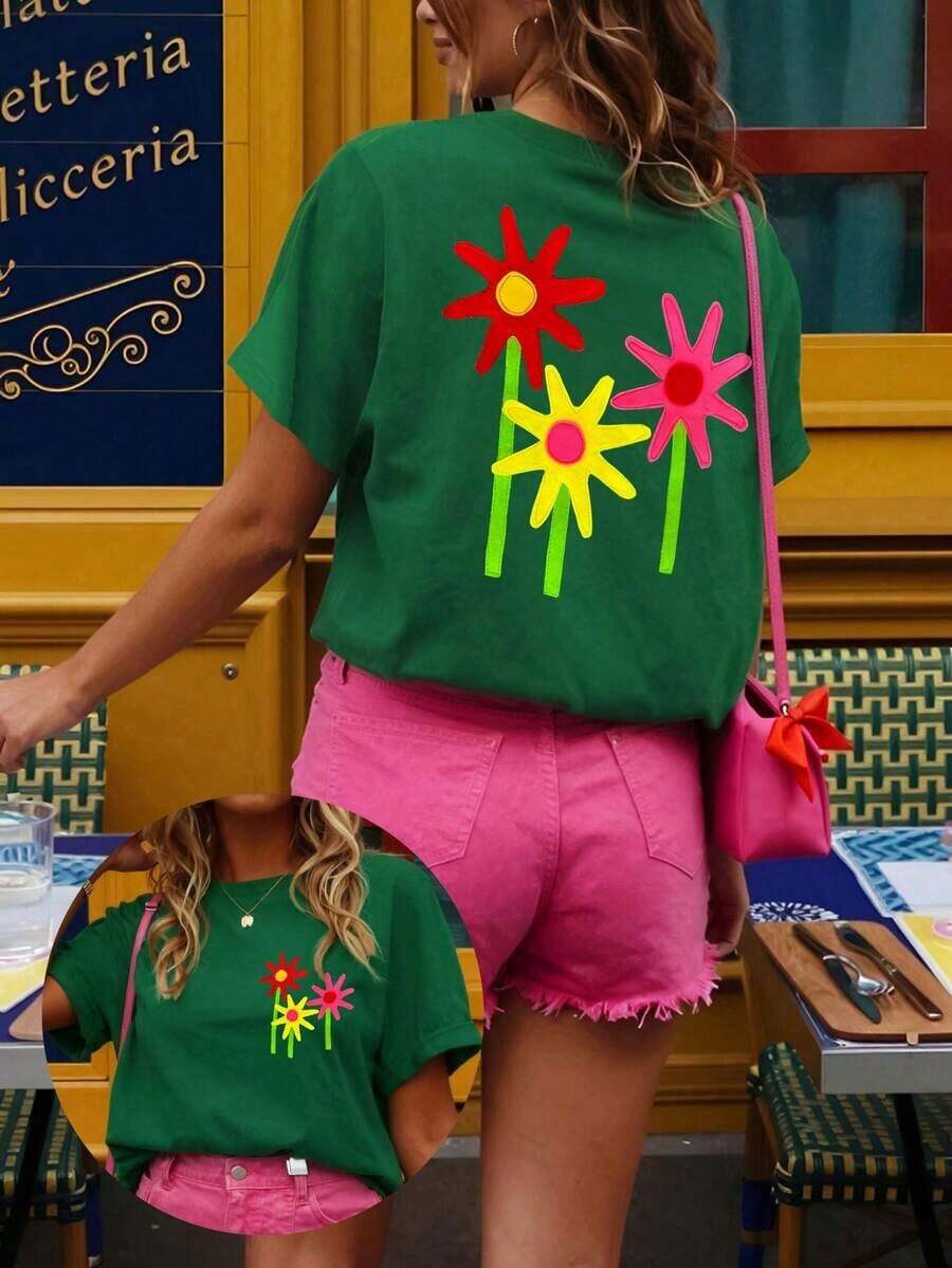 Women's T-Shirt, Short-Sleeved Graphic Tee, Casual Street Style, Cute Summer Top - Green 9 - View 1