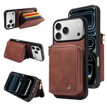 Wallet Zipper Card Holder Phone Case, RFID Blocking & Shockproof Protective Leather Cover With Stand Function, Compatible With IPhone 17Pro Max, 17Pro, 17Air, 17, 15, 16 ProMax, 14 Pro, 13, 12, 11, - Brown - View 1