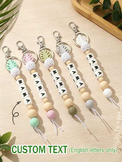 [Custom] 1pc Creative Leaf Keychain, Personalized DIY Silicone Leaf Letter Bead Keychain, Bag Charm/Key Chain