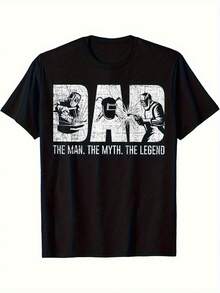 Men's Welder T-Shirt "FATHER, THE MAN, THE MYTH, THE LEGEND" With Welder Graphic Print, 100% Cotton, Regular Fit, Crew Neck, Short Sleeve, Machine Washable, Breathable Medium Stretch Fabric, Father's Day Gift, Casual Workwear For Welders, Relaxed Fit Graphic T-Shirt, Unisex - 黑色 - 查看 1