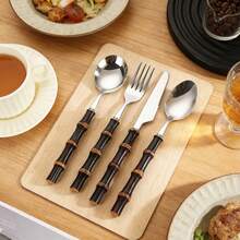 2/4/12pcs Natural Bamboo Handle Stainless Steel Flatware Set, 4-Piece Knife Fork Spoon Set, Stainless Steel, Non-Slip Grip, Suitable For Various Occasions, Vintage Bamboo Knot Design, Elevates Dining Experience - Multicolor - View 7