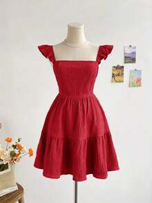 Vestido mini de mujer para vacaciones, de color caqui marrón, con textura de ramitas y hojas, de tela, con mangas de tipo gorro, espalda abierta y cintura con lazo, apto para fiesta, cita, té de la tarde, estilo bohemio, festival de música, carnaval, playa. - Rojo - Ver 2