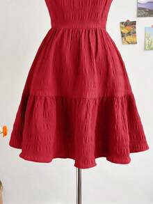 Vestido mini de mujer para vacaciones, de color caqui marrón, con textura de ramitas y hojas, de tela, con mangas de tipo gorro, espalda abierta y cintura con lazo, apto para fiesta, cita, té de la tarde, estilo bohemio, festival de música, carnaval, playa. - Rojo - Ver 6