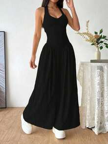 Vestido de escote en V profundo francés, sexy, con detalle de halter, empalmado y con la cintura fruncida - Negro - Ver 3