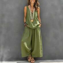 Conjunto de algodón y lino para mujer sin mangas y pantalones anchos de moda y  caliente - Verde - Ver 3