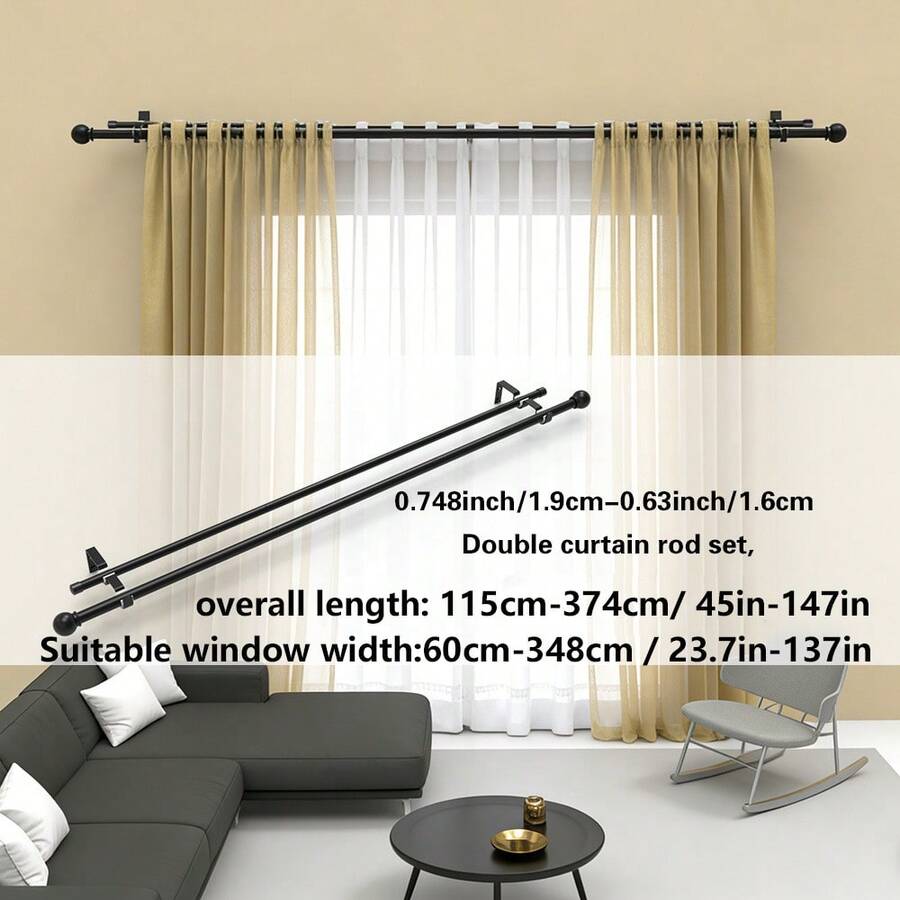 黑色金属双层窗帘杆套装，小球装饰杆头，0.748英寸-0.63英寸双杆组合，壁挂式，坚固耐用，铁质材料。可安装薄纱和遮光窗帘，适用于客厅、卧室、厨房、农舍、餐厅或办公室。现代经典双层窗帘杆
