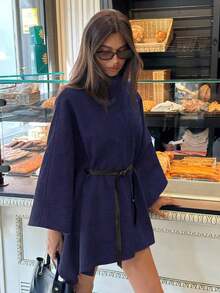 Abrigo de lana con cuello alto, mangas de murciélago, cintura ceñida para mujer en otoño/invierno - Azul marino - Ver 5