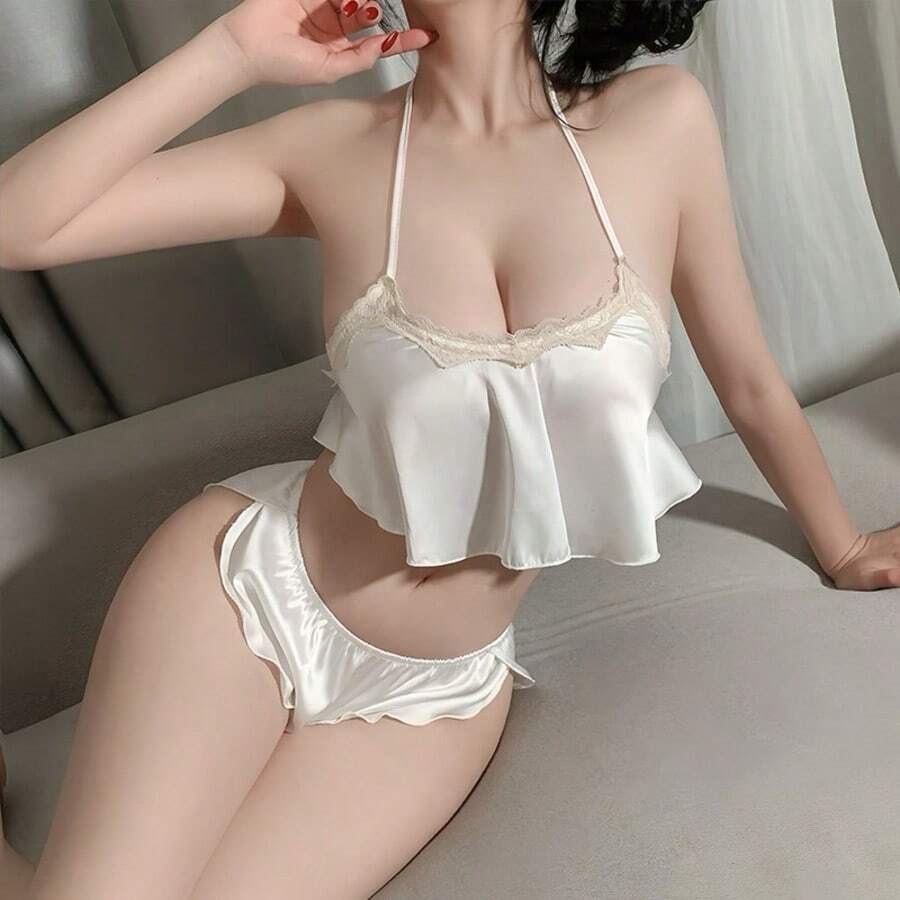 Sexy Blue Halter Neck Pajama Set Women Party Costume Sleepwear Loungewear Nightwear Outfit Comfortable Sleep Set Fashionable Tank Top And Shorts Sleepwear - trắng - Xem 1