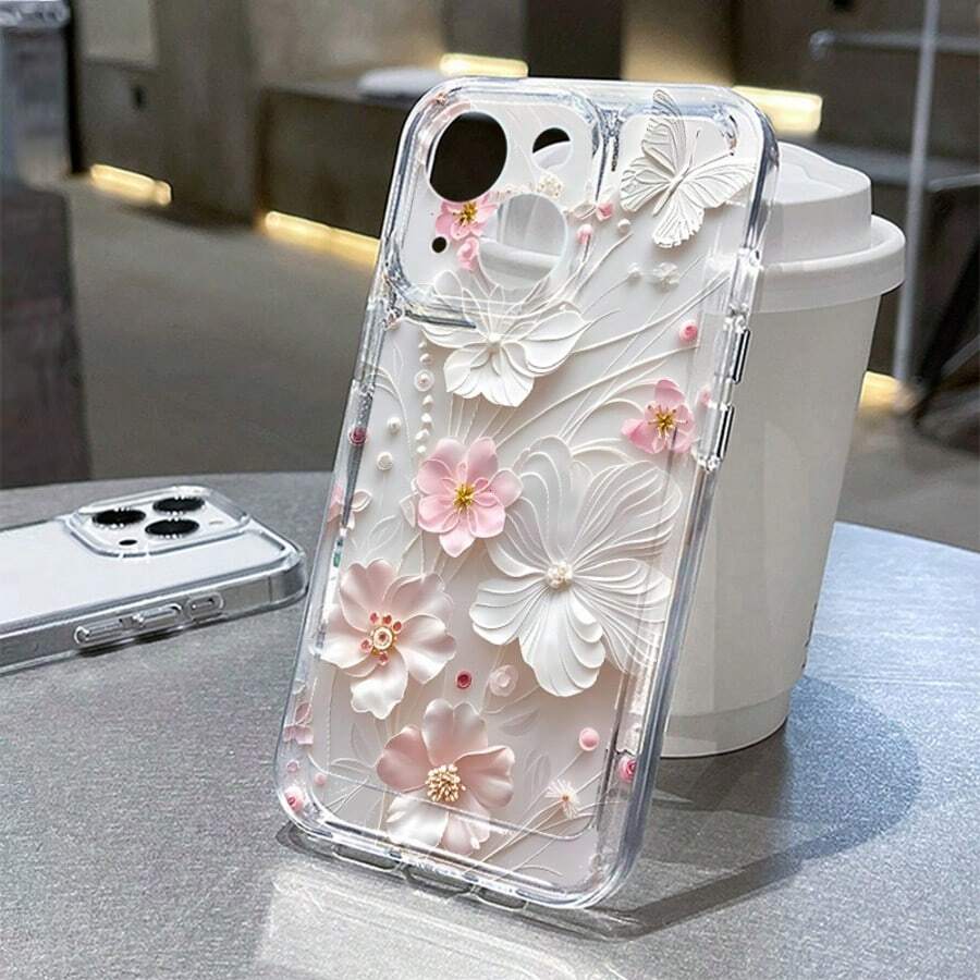 1pc Ins Style Fresh Hibiscus Flower & Leaf Solid Color Pattern Soft Phone Case, Suitable For IPhone 11/12/13/14/15/16 Pro Max - Multicolor - View 1