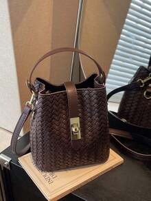 Q1SP Nueva bolsa de cubo con cordón de mujer de unicolor con textura tejida, bolso de mano y de hombro de moda - Marrón - Ver 14