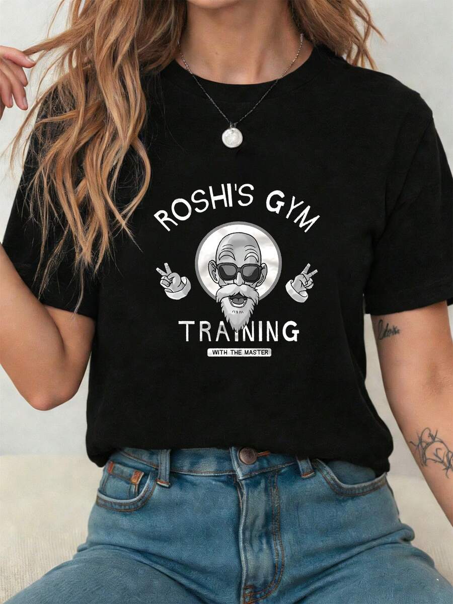 camiseta negra vintage estilo anime con estampado de maestro Roshi y entrenamiento en gimnasio temática - Negro - Ver 1