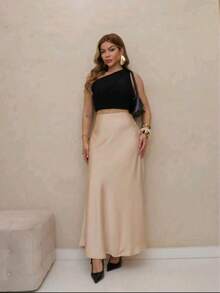 Women's Elegant Casual Satin Midi Skirt - 奶油色 - 查看 1