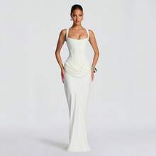 2026 Women's Casual Long Sleeve Slim Fit Fishbone Pure Desire Sleeveless Maxi Dress Solid Color Bodycon Dress - trắng - Xem 2