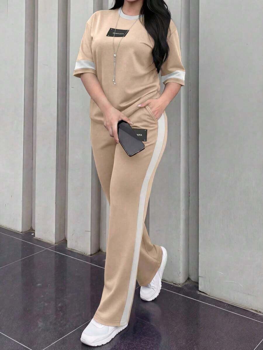 Conjunto de 2 piezas de camiseta de manga corta de cuello redondo y pantalones sueltos de cintura elástica para mujer, uso casual diario, elegante para primavera/otoño y verano - Albaricoque 117 - Ver 1