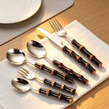 2/4/12pcs Natural Bamboo Handle Stainless Steel Flatware Set, 4-Piece Knife Fork Spoon Set, Stainless Steel, Non-Slip Grip, Suitable For Various Occasions, Vintage Bamboo Knot Design, Elevates Dining Experience - Multicolor - View 8