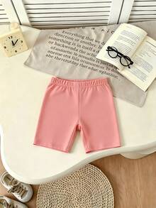 Girls' Summer Casual Set, Pink Short Sleeve T-Shirt With Shy Rabbit Cartoon Print, Paired With Black Shorts With Matching Pattern Accent, Cute And Lively, Suitable For Daily Wear Or Campus Outfit - Pink - View 6