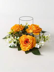 MEHELANY 1pc Orange Artificial Rose Table Centerpiece, Faux Floral Table Runner With Green Leaves, Fake Rose Wreath Suitable For Home Dining Table, Birthday Party, Wedding Venue, Bridal Shower, Rustic Style Table Decor - Orange - View 4