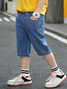 Tween Boy Summer 2024 New Korean Style 3/4 Length Denim Shorts - Dark Wash - View 3