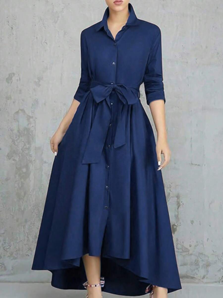 A-Line Tie Waist Dress, New Autumn/Winter Collection Elegant Spring - Blue - View 1