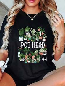 % Algodón Amante de las Plantas y Jardinero: Camiseta de Manga Corta con Cabeza de Maceta y Suculentas AJ0O - Negro - Ver 4