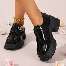 Women's Black Patent Platform Loafers, All-Match Chunky Heel Shoes For School/Office/Events - màu đen - Xem 10
