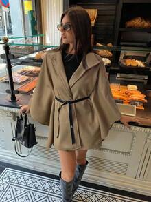 Abrigo de lana con cuello alto, mangas de murciélago, cintura ceñida para mujer en otoño/invierno - Camel - Ver 3
