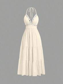Vestido de mujer con cuello halter, cintura con lazo y bordado para vacaciones - Albaricoque - Ver 7