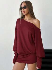 Vestido corto y ajustado de manga larga, asimétrico y para mujer, para festivales deúsica y estilo streetwear moderno - Rojo cereza - Ver 12