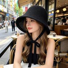 1 Piece Of Women's Crochet Bucket Hat, Fashionable Neck Strap Fisherman Hat, Breathable And Lightweight Summer Beach Travel Hat - Beige - View 3