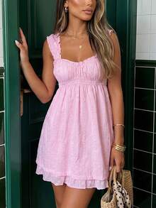 Cute  Casual    Lace    Backless  Ruffle    Y2k Summer Babydoll Dress  Beach  Travel  Daily  Dating  Vacation    Summer Sundress - 粉色 - 查看 4