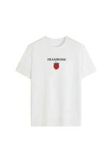 Suave Camiseta Oversize para Mujer Estilo Y2K "FRAMBOISE" con Gráfico Bordado de Frambuesa, Camiseta Casual de Manga Corta con Cuello Redondo, Estilo Urbano, Estampado de Frutas Vintage Retro Minimalista, Ropa de Verano para Uso Diario, Citas, Brunch, Fiestas, Moda Vacacional para Adolescentes, Camiseta Gráfica Holgada para Mujeres Jóvenes y Amantes de las Frutas, blusas para mujer elegante - Blanco - Ver 2