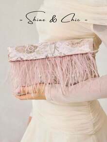 PREMIUM LADIES ELEGANT FLORAL PATTERN BEAD MATERIAL CLUTCH BAG ENVELOPE BAG WITH ARTIFICIAL FEATHER DECORATION,VALENTINES DAY - Pink - View 6