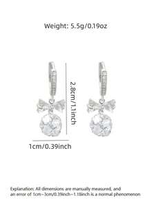 Bông tai hình nơ đính pha lê lấp lánh, mặt dây chuyền đính đá zirconia nhân tạo màu đồng, bông tai vòng lấp lánh ngọt ngào, trang sức đính đá sang trọng, phù hợp để đeo hàng ngày và dự tiệc. - Bạc - Xem 3