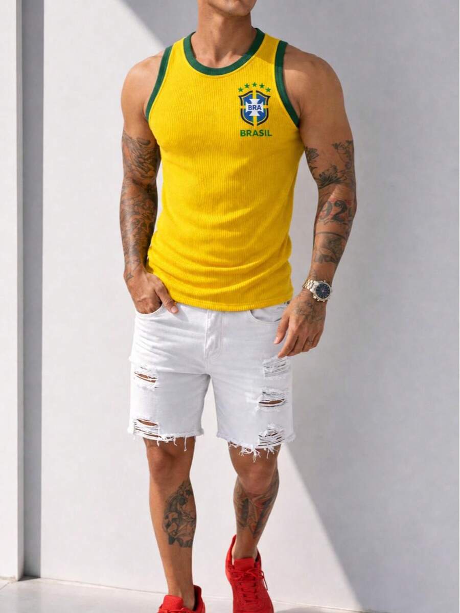 Men's Sports Tank Top Brazil With Embroidered  Comfort And Elegance - màu vàng b - Xem 1
