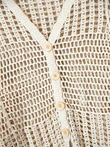 Bohemian Style V-Neck Plaid Hollow Out Ruffle Hem Cover Up - Summer Flare Sleeve Loose Sun Protection Shawl - Apricot - View 9