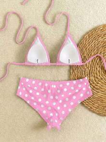 Nuevo conjunto de bikini con estampado de lunares sexy, espalda descubierta y lazo, con tirantes de espagueti para playa y piscina en vacaciones - Rosa - Ver 7