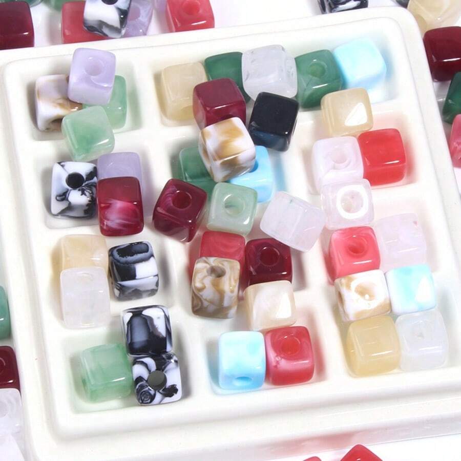 60/120颗大理石纹立方体珠子，仿玛瑙亚克力方形珠子，DIY首饰制作用散珠，手链项链配件 - 彩色 - 查看 1