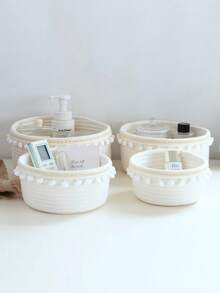 1/4pcs Large Capacity Round Lace Handmade Woven Storage Box, Suitable For Remote Controls, Cosmetics, Electronics, Home, Office, Living Room, Bedroom Decor - Multicolor - View 3