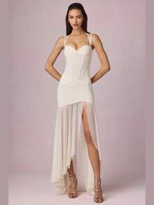 Women's Short Printed Strappy Dress - High Waist With Side Slit, Beachy Holiday Style - New Arrival Summer 2026 - 杏色 - 查看 4