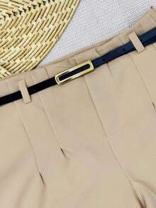 Women's Tailored High-Waisted Shorts + Belt With Gold Buckle - 卡其色 - 查看 3