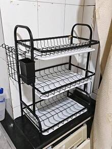 1pc Large 3-Tier Kitchen Storage Rack With Quick Drainage, Knife & Fork Holder, Cutting Board Rack, Multifunctional Countertop Dish Rack For Bowls & Plates, Stylish Metal Rack, Durable Kitchen Organizer - Multicolor - View 9
