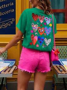 Women's T-Shirt, Short-Sleeved Graphic Tee, Casual Street Style, Cute Summer Top - Hijau - View 3