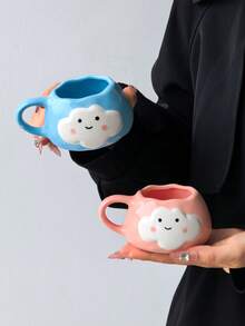 1pc Cute Cloud & Smiling Face Mug, Korean Ins Style Hand-Painted Adorable Ceramic Cup, Cloud Expression & Fashionable Lady Drinking Cup, Fun Cartoon Cute Coffee Mug, Tea Cup, Suitable For Home, Party, Birthday Gift, Souvenir - Multicolor - View 5