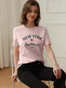 Camiseta de mujer de verano de ajuste holgado con cuello redondo y manga corta, con estampado de eslogan simple, estilo casual de vacaciones. Blusa de moda apta para uso diario y de vacaciones. - Rosa - Ver 2