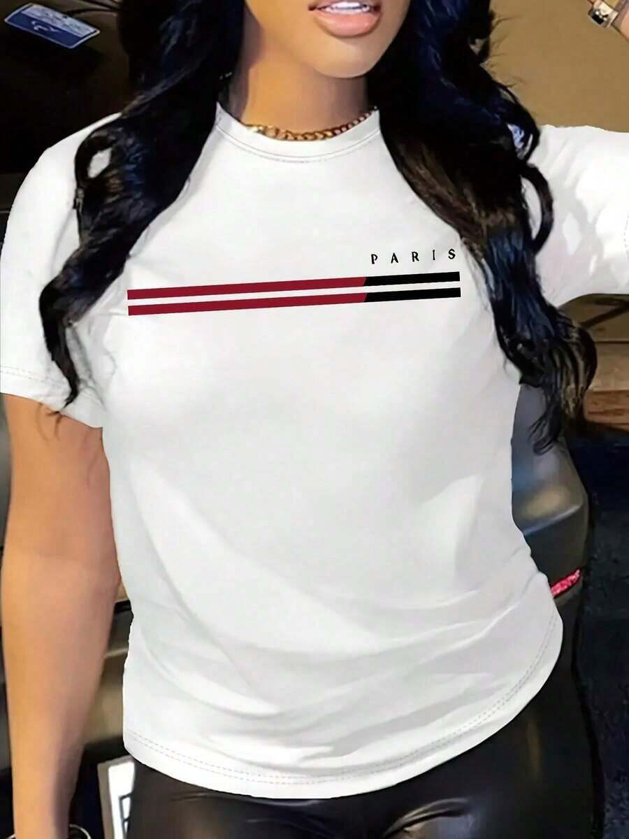100% Cotton Women's T-Shirts 2026 Hot Hour - Women's Y2K Graphic T-Shirt - Paris Print, Black And White Stripes, Soft Polyester Blend, Washable, Casual Short Sleeve Top For All Seasons, Everyday Tee | Y2K Fashion | Relaxed Fit, Women's Shirt, Women's Dress Shirt, Women's Blouse, Women's Hen Party Shirt - White - View 1