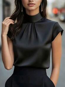 Women's Elegant Mandarin Collar Short Sleeve Top - Crisp Satin-Like Fabric, /Summer/Fall Commute & Party, Machine Washable Black - Black - View 2