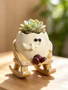 1pc Cute Egg-Shaped Succulent Planter With Rocking Chair, Resin Smiling Face Plant Pot, Funny Cartoon Flower Pot Suitable For Indoor Home, Balcony, Desktop Decoration, Gardening Gift - Multiple Styles - View 12