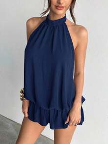 KIMW  Vestido casual de verano para mujer con cuello halter, unicolor y volantes en el bajo - Azul marino - Ver 9